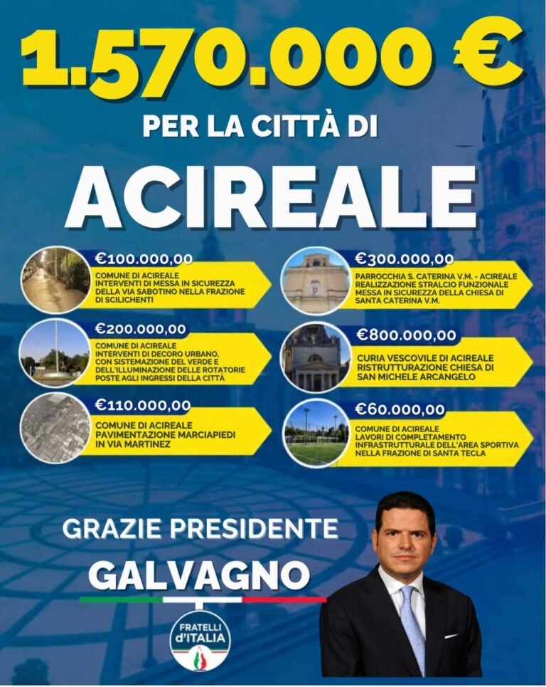 Acireale, un milione e 570mila euro per il territorio grazie al presidente dell’Assemblea regionale siciliana, on. Gaetano Galvagno